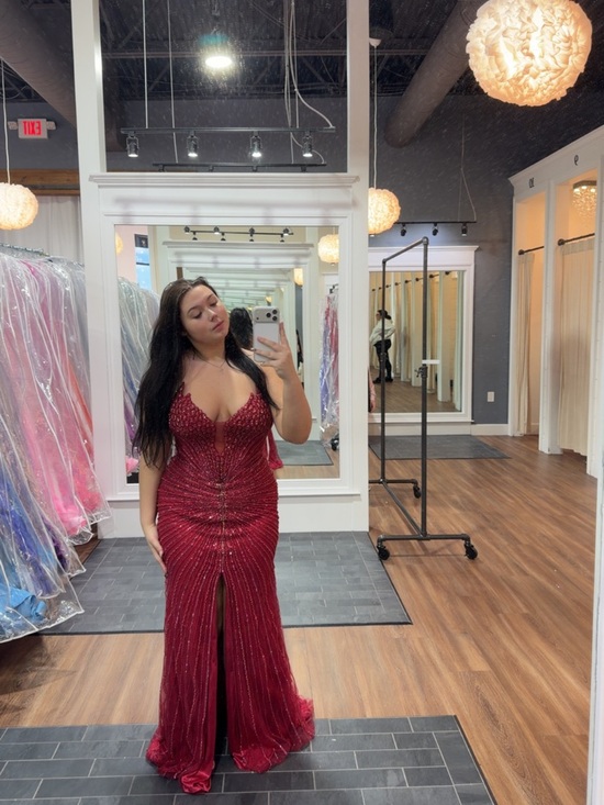 Portia and Scarlett Dresses & Skirts - Plunging Beaded Burgundy Evening Gown